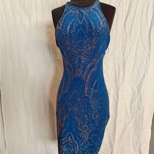 JLUXLABEL Royal Blue Beaded Halter Prom Dress